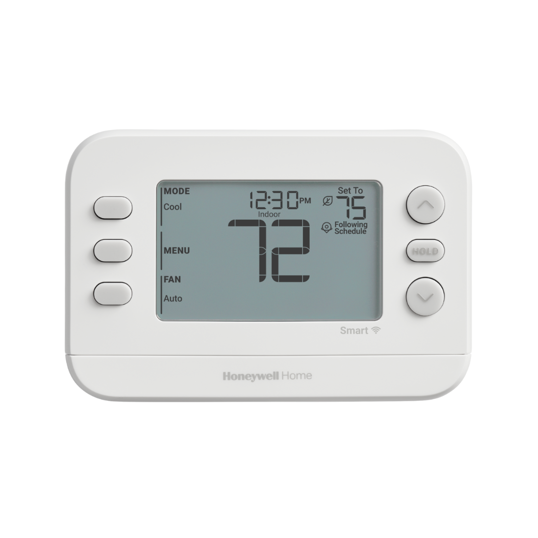 A thermostat is shown. The brand is Honeywell Home