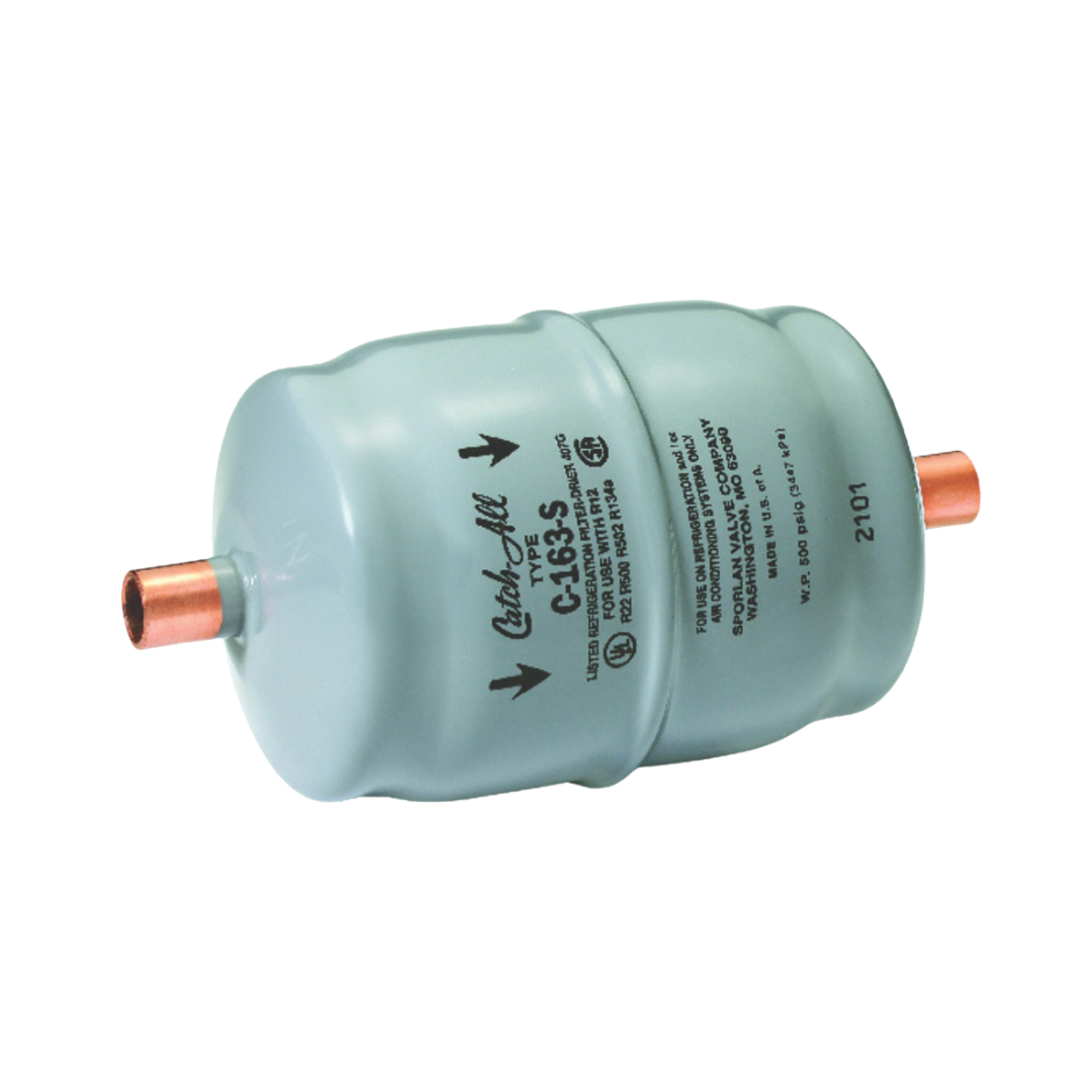 A liquid line sealed filter drier is shown. The brand is Sporlan and the model is the Catch All