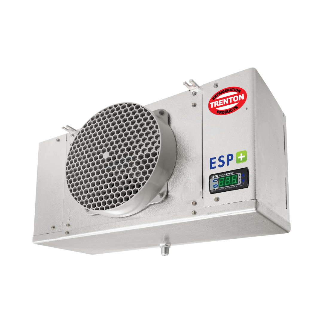 A refrigeration walk in evaporator is shown. The brand is Trenton Refrigeration and the model is the ESP+